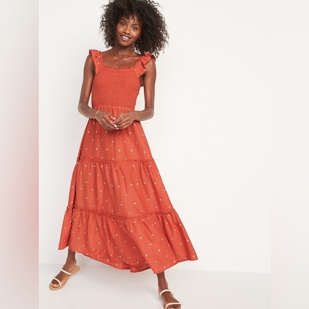 Old Navy Orange Fit & Flare Smocked Embroidered Midi Dress sz S